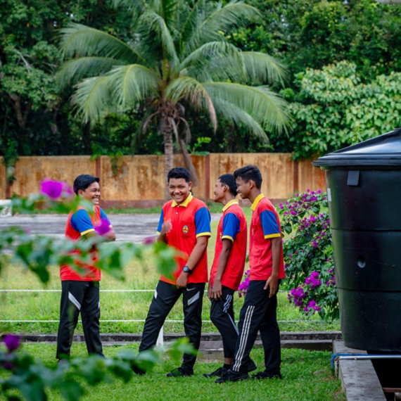 Collage featuring students in red shirts near a large water tank and a person paddling down a waterway.