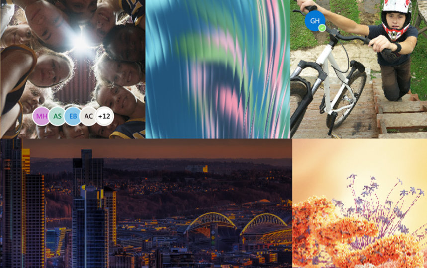 Collage of abstract shapes and people around the Puget Sound, in Washington State, USA.